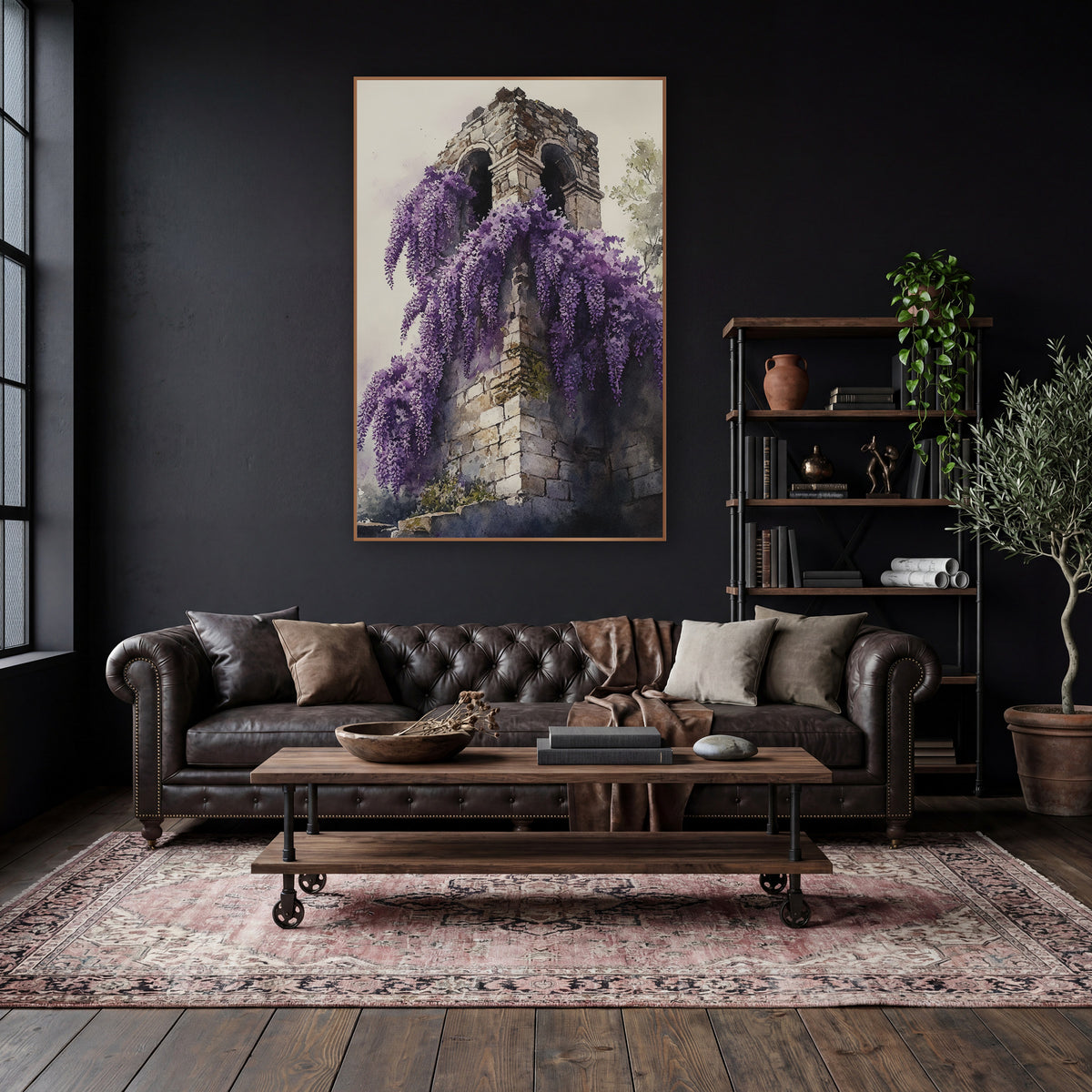 Wisteria Stone Tower Dark Academia wall art in a moody dark academia room – purple wisteria flowers cascading down