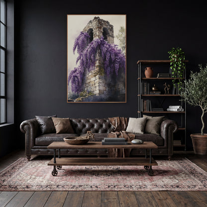 Wisteria Stone Tower Dark Academia wall art in a moody dark academia room – purple wisteria flowers cascading down