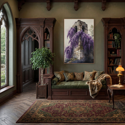 Wisteria Stone Tower Dark Academia wall art in a moody dark academia room – purple wisteria flowers cascading down