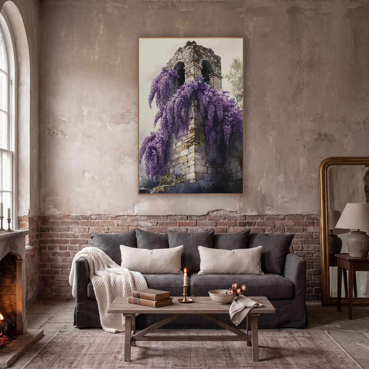 Wisteria Stone Tower Dark Academia wall art in a moody dark academia room – purple wisteria flowers cascading down