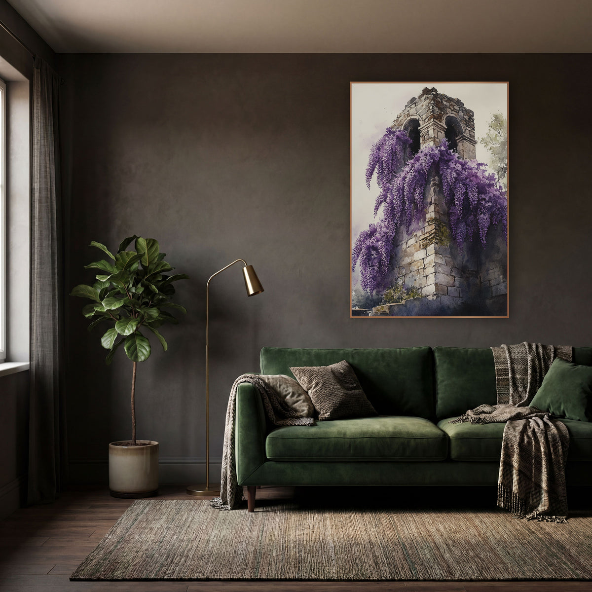 Wisteria Stone Tower Dark Academia wall art in a moody dark academia room – purple wisteria flowers cascading down