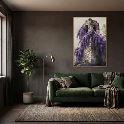 Wisteria Stone Tower Dark Academia wall art in a moody dark academia room – purple wisteria flowers cascading down