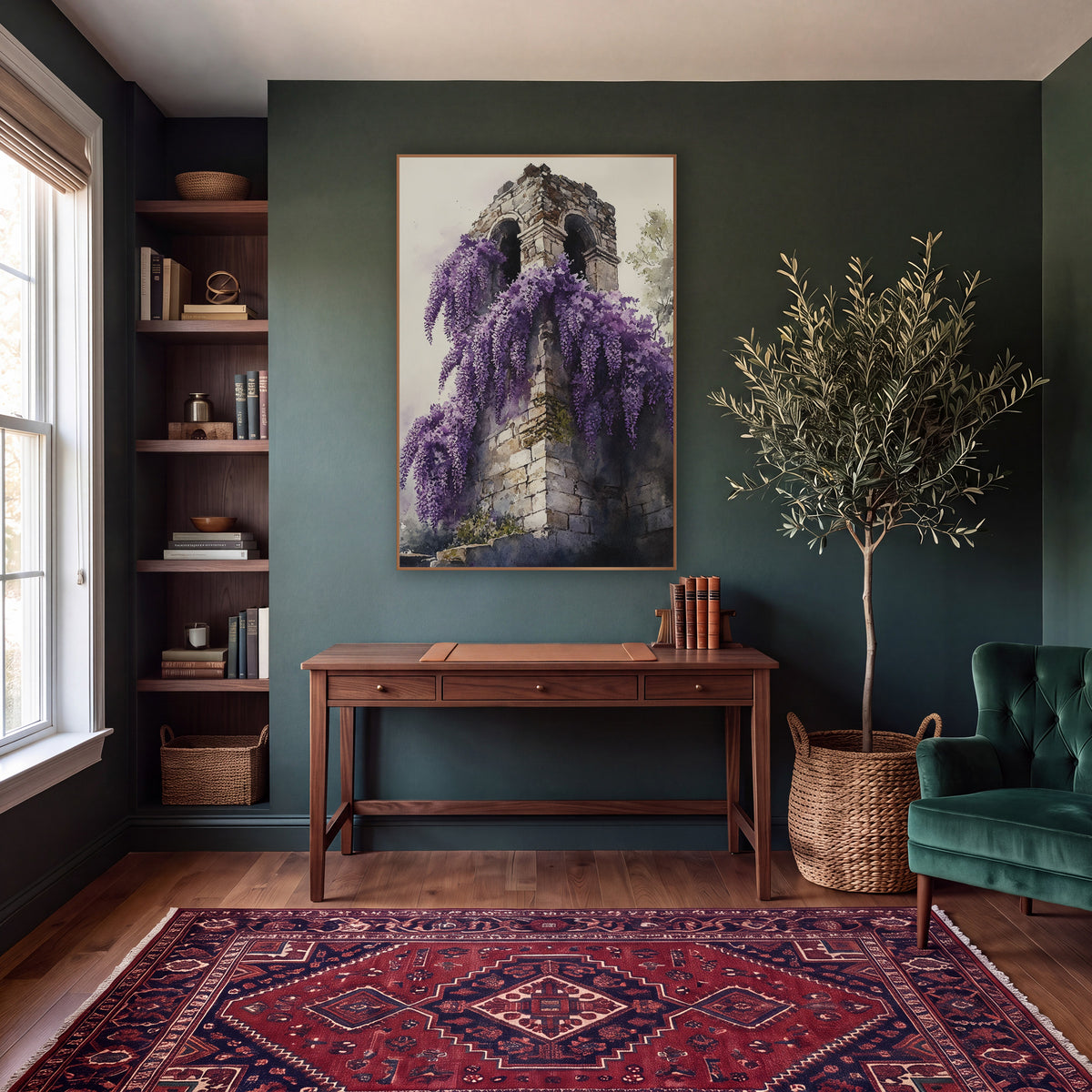 Wisteria Stone Tower Dark Academia wall art in a moody dark academia room – purple wisteria flowers cascading down