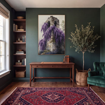 Wisteria Stone Tower Dark Academia wall art in a moody dark academia room – purple wisteria flowers cascading down