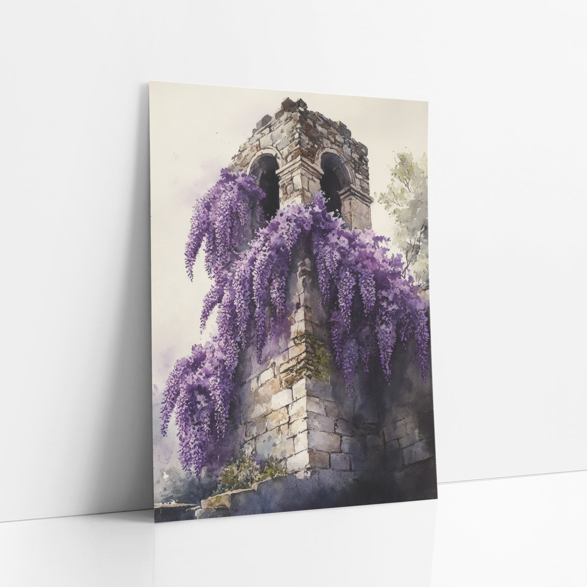 Wisteria Stone Tower Dark Academia art print leaning against a white wall – purple wisteria flowers cascading down