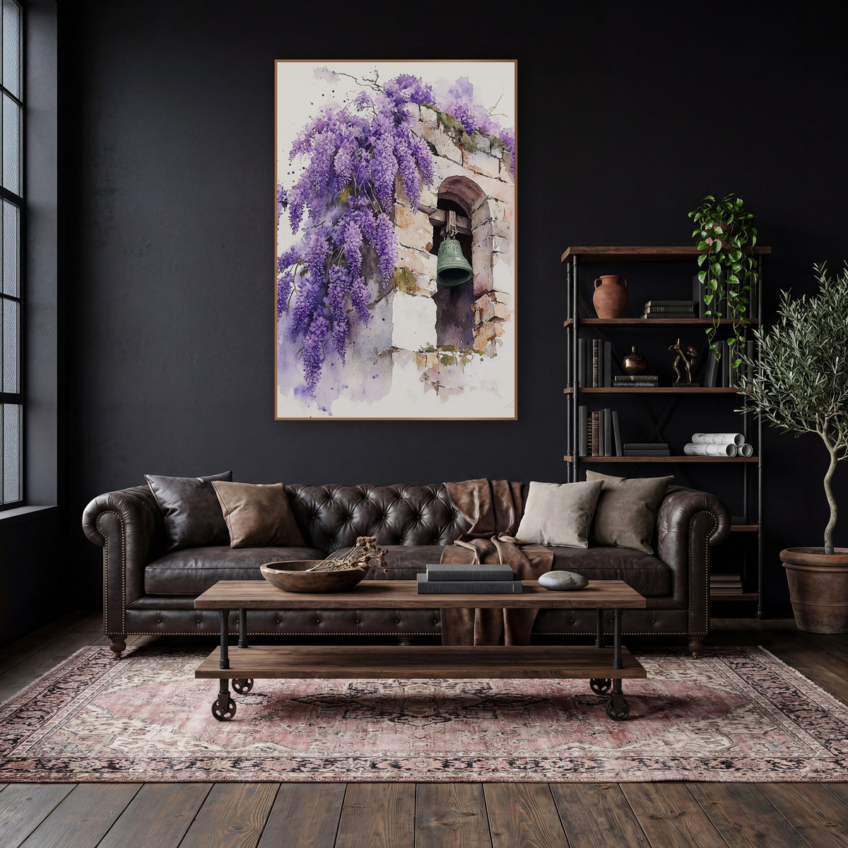 Purple Wisteria Stone Bell Watercolor wall art in a moody dark academia room – watercolor-style wisteria in purple