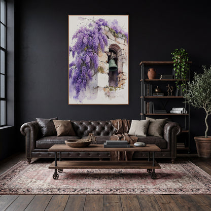 Purple Wisteria Stone Bell Watercolor wall art in a moody dark academia room – watercolor-style wisteria in purple