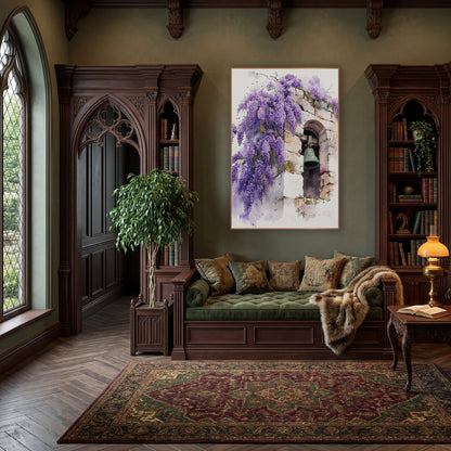 Purple Wisteria Stone Bell Watercolor wall art in a moody dark academia room – watercolor-style wisteria in purple