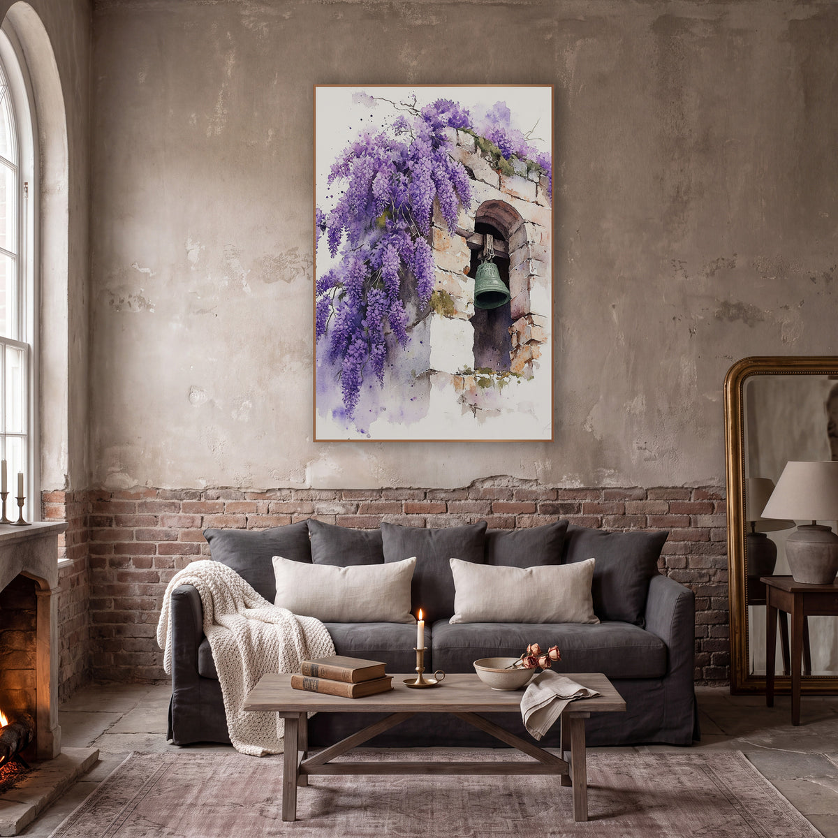 Purple Wisteria Stone Bell Watercolor wall art in a moody dark academia room – watercolor-style wisteria in purple