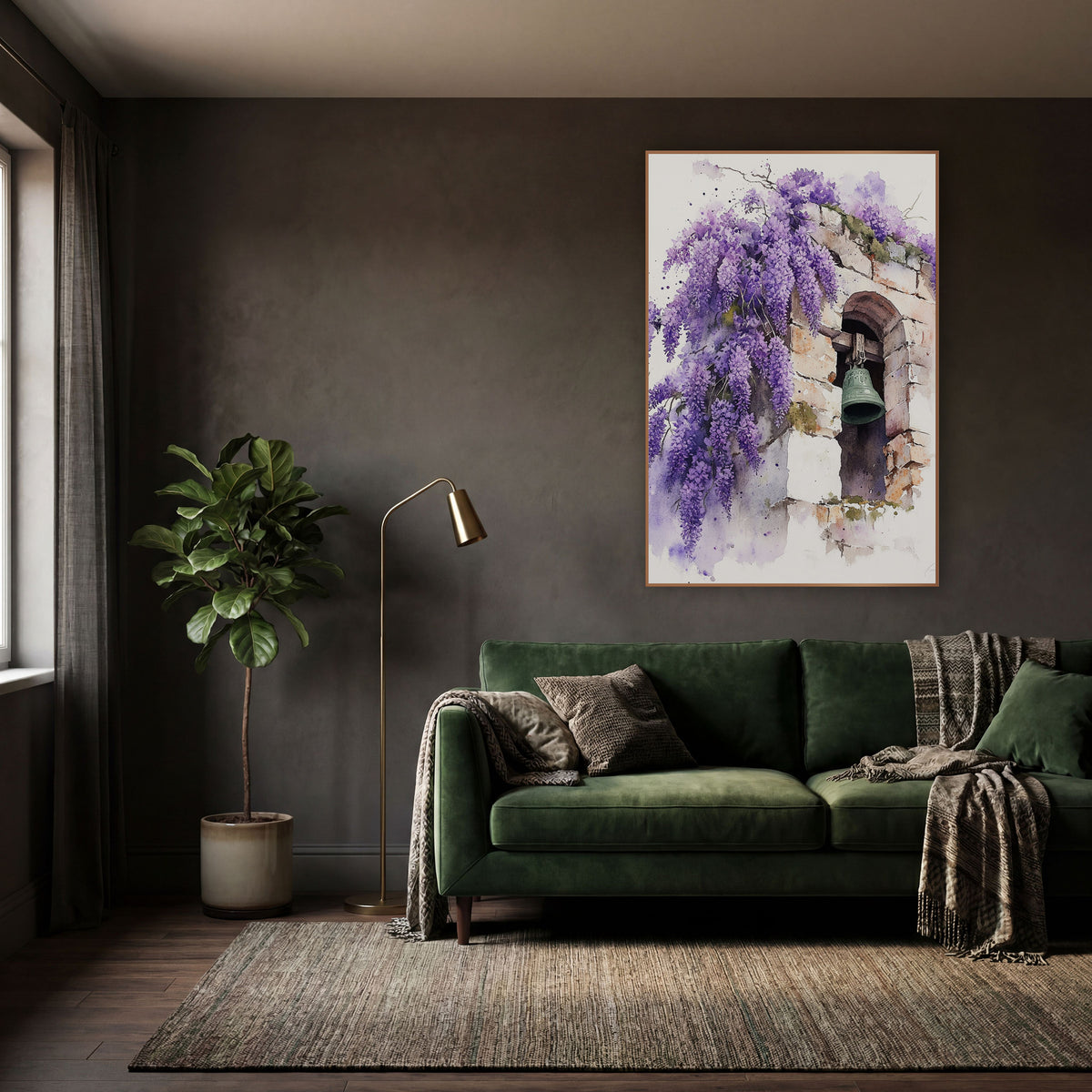 Purple Wisteria Stone Bell Watercolor wall art in a moody dark academia room – watercolor-style wisteria in purple