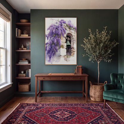 Purple Wisteria Stone Bell Watercolor wall art in a moody dark academia room – watercolor-style wisteria in purple