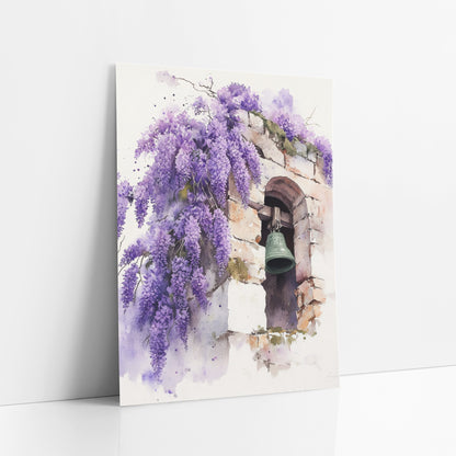 Purple Wisteria Stone Bell Watercolor art print leaning against a white wall – watercolor-style wisteria in purple clusters