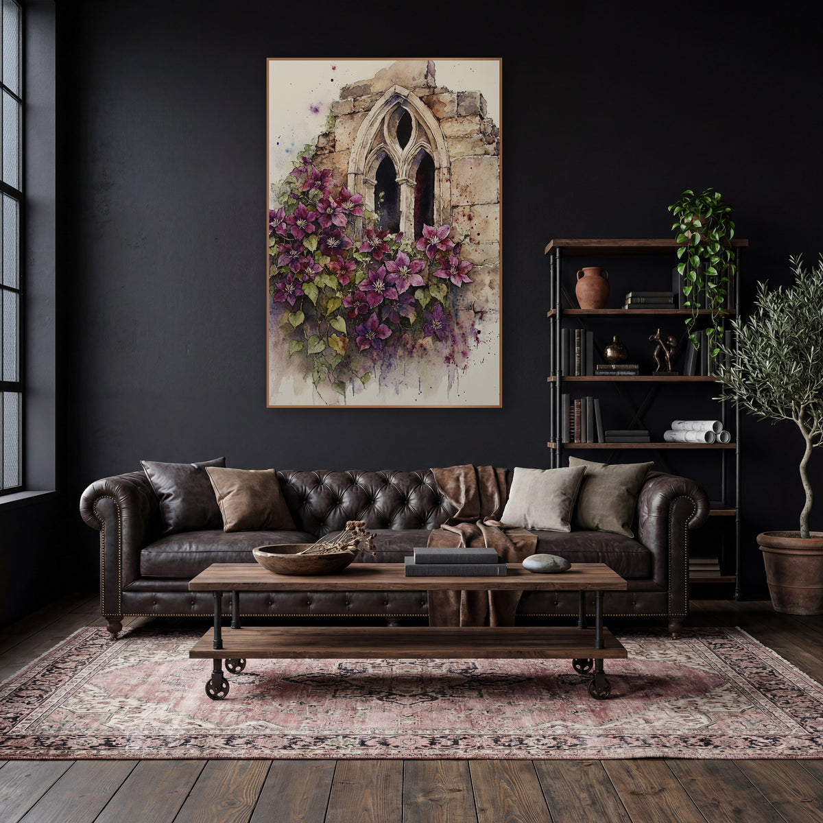 Purple Clematis Gothic Window Botanical wall art in a moody dark academia room – purple clematis flowers and green