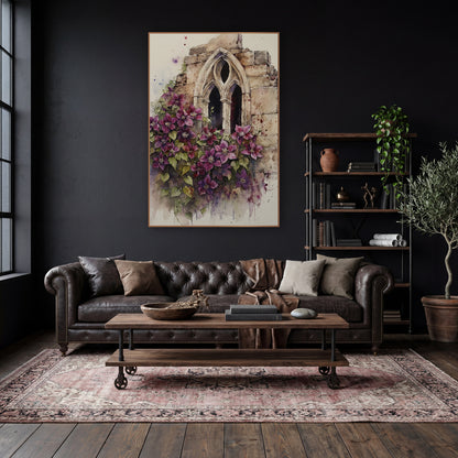 Purple Clematis Gothic Window Botanical wall art in a moody dark academia room – purple clematis flowers and green