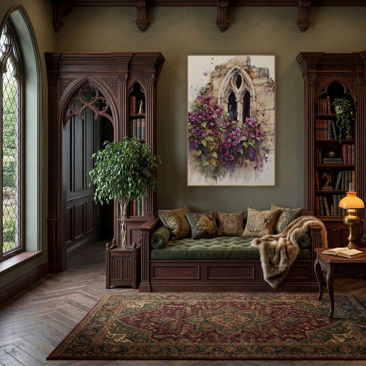Purple Clematis Gothic Window Botanical wall art in a moody dark academia room – purple clematis flowers and green