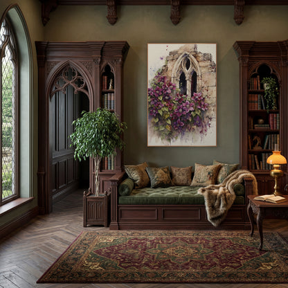 Purple Clematis Gothic Window Botanical wall art in a moody dark academia room – purple clematis flowers and green