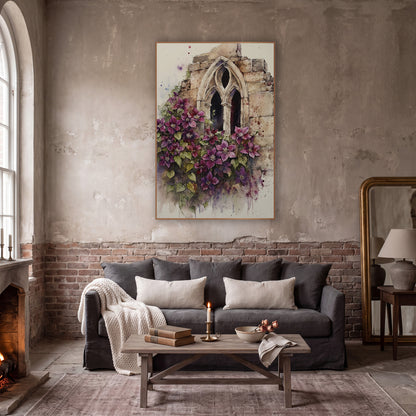 Purple Clematis Gothic Window Botanical wall art in a moody dark academia room – purple clematis flowers and green
