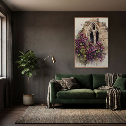 Purple Clematis Gothic Window Botanical wall art in a moody dark academia room – purple clematis flowers and green