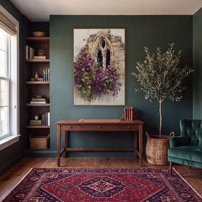 Purple Clematis Gothic Window Botanical wall art in a moody dark academia room – purple clematis flowers and green