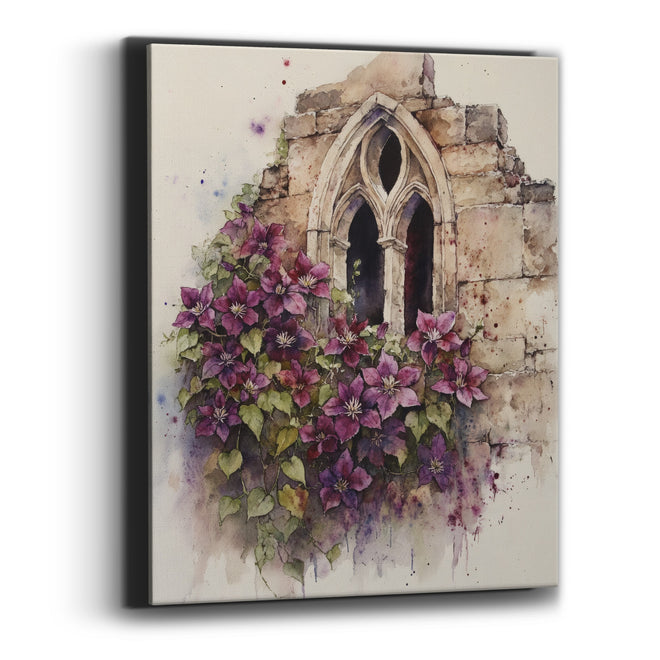 Purple Clematis Gothic Window Botanical Canvas Wall Art