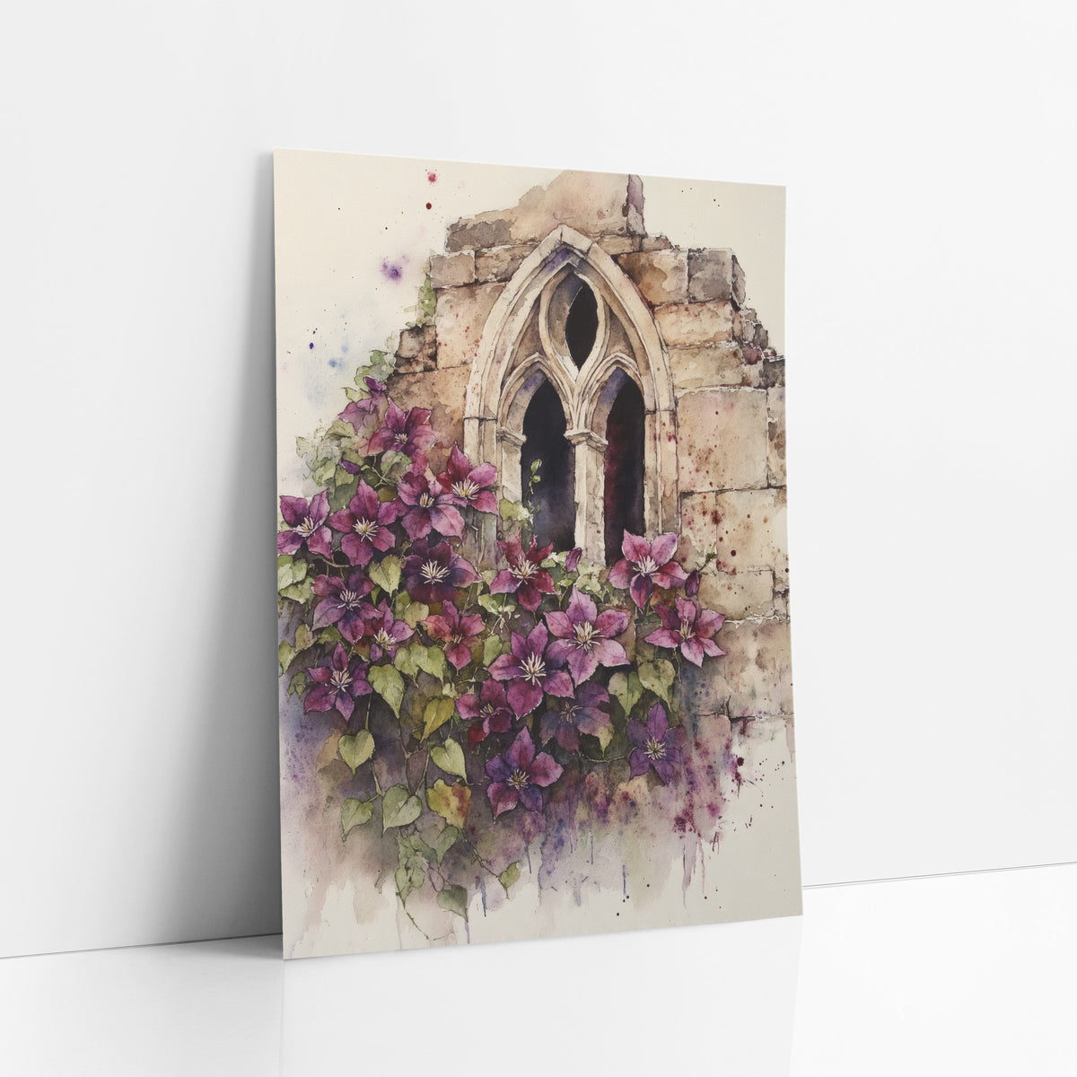 Purple Clematis Gothic Window Botanical art print leaning against a white wall – purple clematis flowers and green leaves