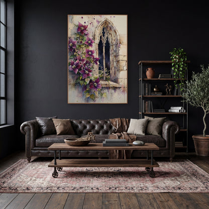 Plum Clematis Ivory Splatter Moody wall art in a moody dark academia room – watercolor-style artwork of plum clematis