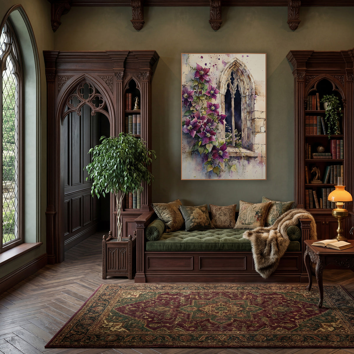 Plum Clematis Ivory Splatter Moody wall art in a moody dark academia room – watercolor-style artwork of plum clematis