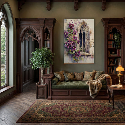 Plum Clematis Ivory Splatter Moody wall art in a moody dark academia room – watercolor-style artwork of plum clematis