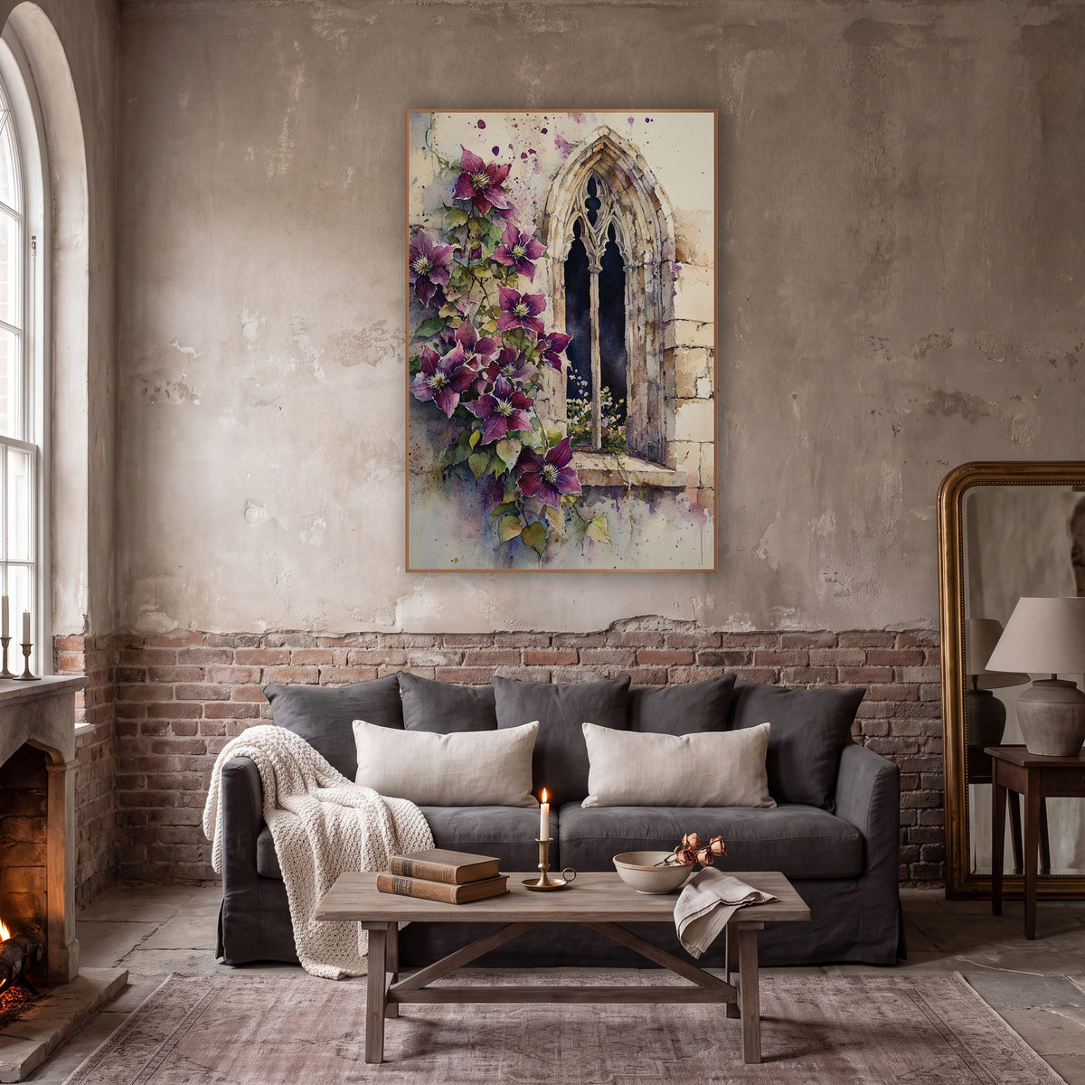 Plum Clematis Ivory Splatter Moody wall art in a moody dark academia room – watercolor-style artwork of plum clematis