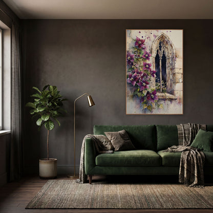Plum Clematis Ivory Splatter Moody wall art in a moody dark academia room – watercolor-style artwork of plum clematis