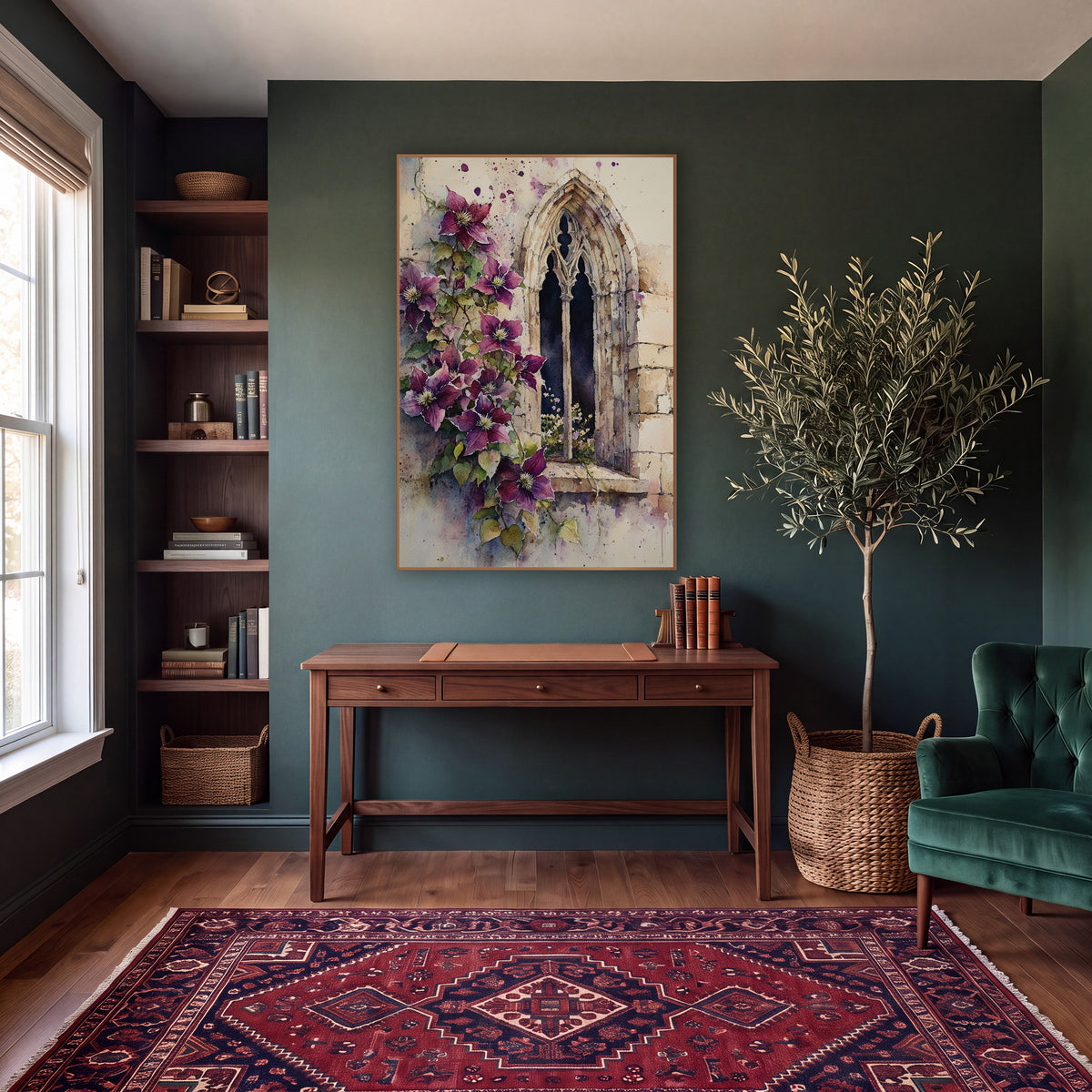 Plum Clematis Ivory Splatter Moody wall art in a moody dark academia room – watercolor-style artwork of plum clematis