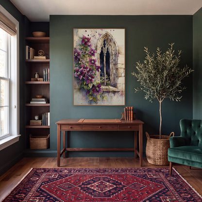 Plum Clematis Ivory Splatter Moody wall art in a moody dark academia room – watercolor-style artwork of plum clematis
