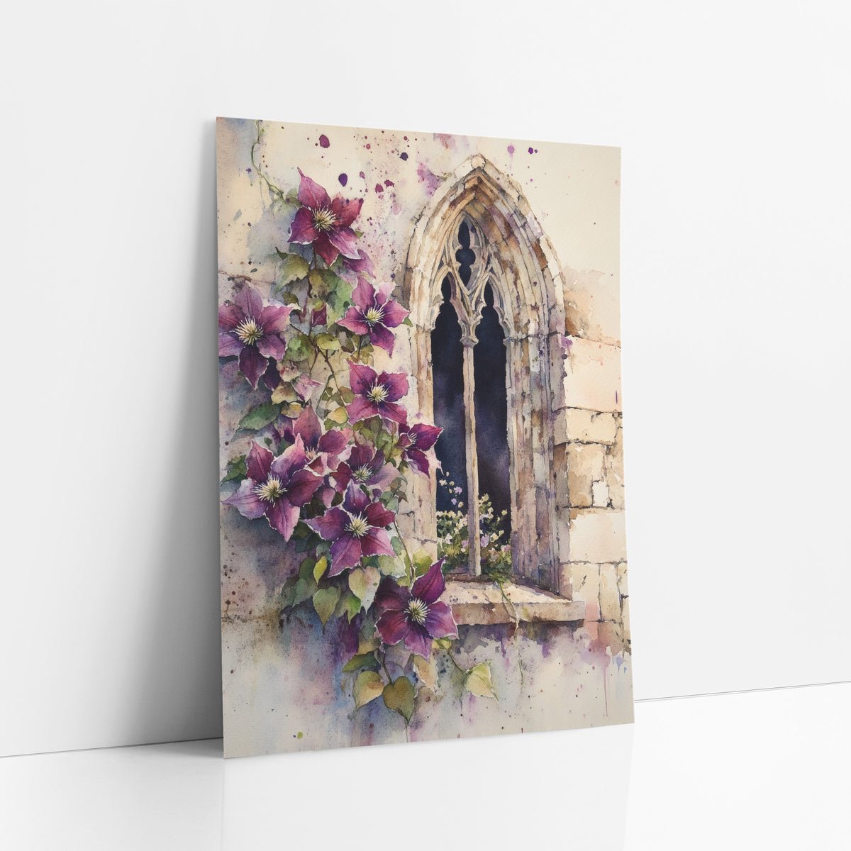 Plum Clematis Ivory Splatter Moody art print leaning against a white wall – watercolor-style artwork of plum clematis