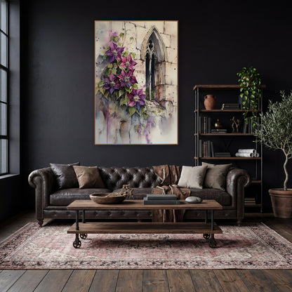 Violet Clematis Dripping Wall Classic wall art in a moody dark academia room – watercolor-style artwork of purple