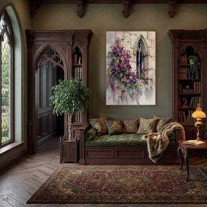 Violet Clematis Dripping Wall Classic wall art in a moody dark academia room – watercolor-style artwork of purple