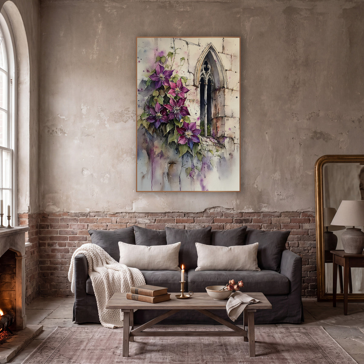 Violet Clematis Dripping Wall Classic wall art in a moody dark academia room – watercolor-style artwork of purple