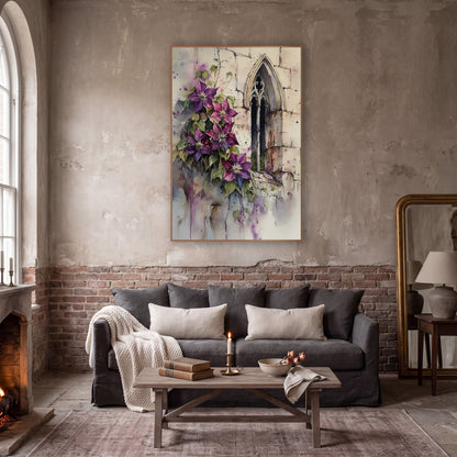 Violet Clematis Dripping Wall Classic wall art in a moody dark academia room – watercolor-style artwork of purple