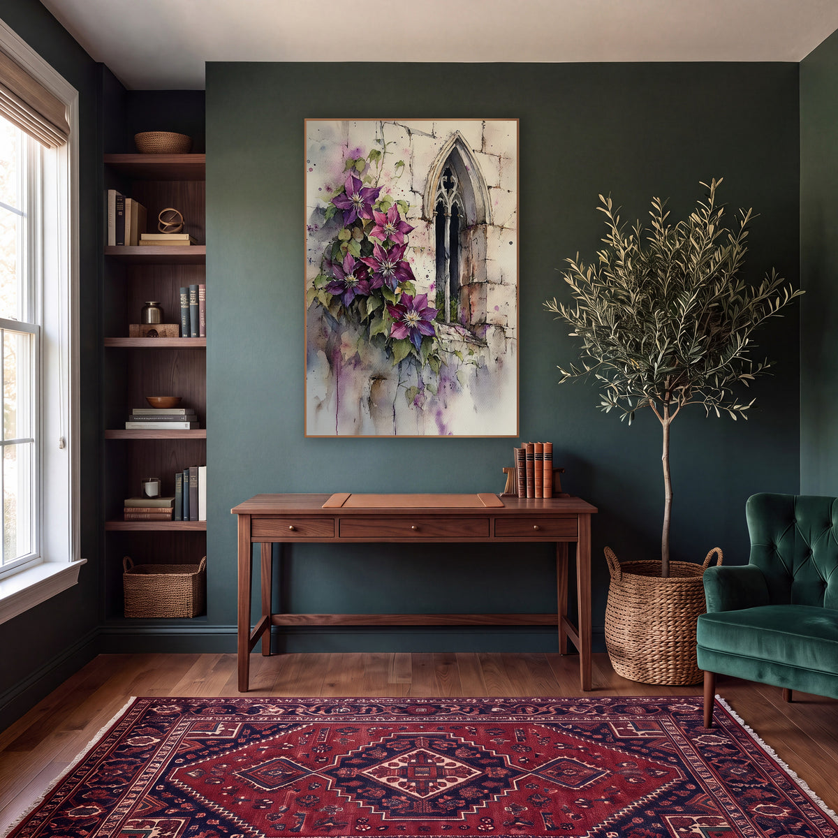 Violet Clematis Dripping Wall Classic wall art in a moody dark academia room – watercolor-style artwork of purple
