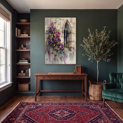 Violet Clematis Dripping Wall Classic wall art in a moody dark academia room – watercolor-style artwork of purple