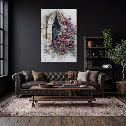 Crimson Clematis Arch Window Classic wall art in a moody dark academia room – plum-red and purple clematis blooms