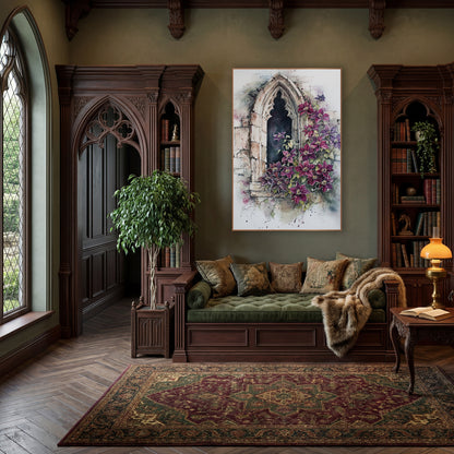 Crimson Clematis Arch Window Classic wall art in a moody dark academia room – plum-red and purple clematis blooms