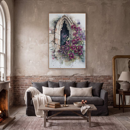 Crimson Clematis Arch Window Classic wall art in a moody dark academia room – plum-red and purple clematis blooms