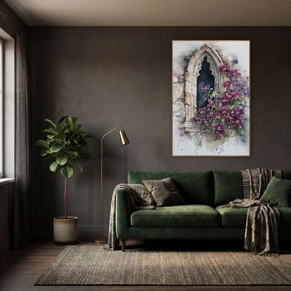 Crimson Clematis Arch Window Classic wall art in a moody dark academia room – plum-red and purple clematis blooms