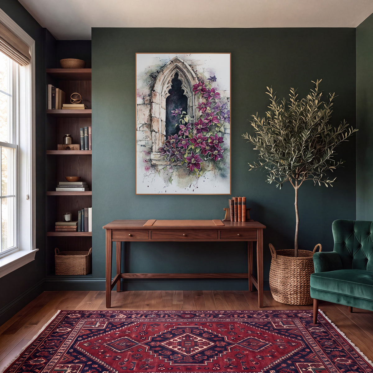Crimson Clematis Arch Window Classic wall art in a moody dark academia room – plum-red and purple clematis blooms