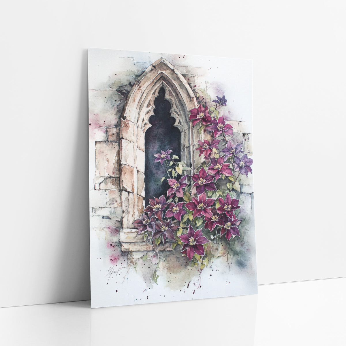 Crimson Clematis Arch Window Classic art print leaning against a white wall – plum-red and purple clematis blooms climbing