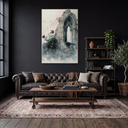 Crumbling Stone Arch Rose Gothic wall art in a moody dark academia room – watercolor-style crumbling gray stone wall