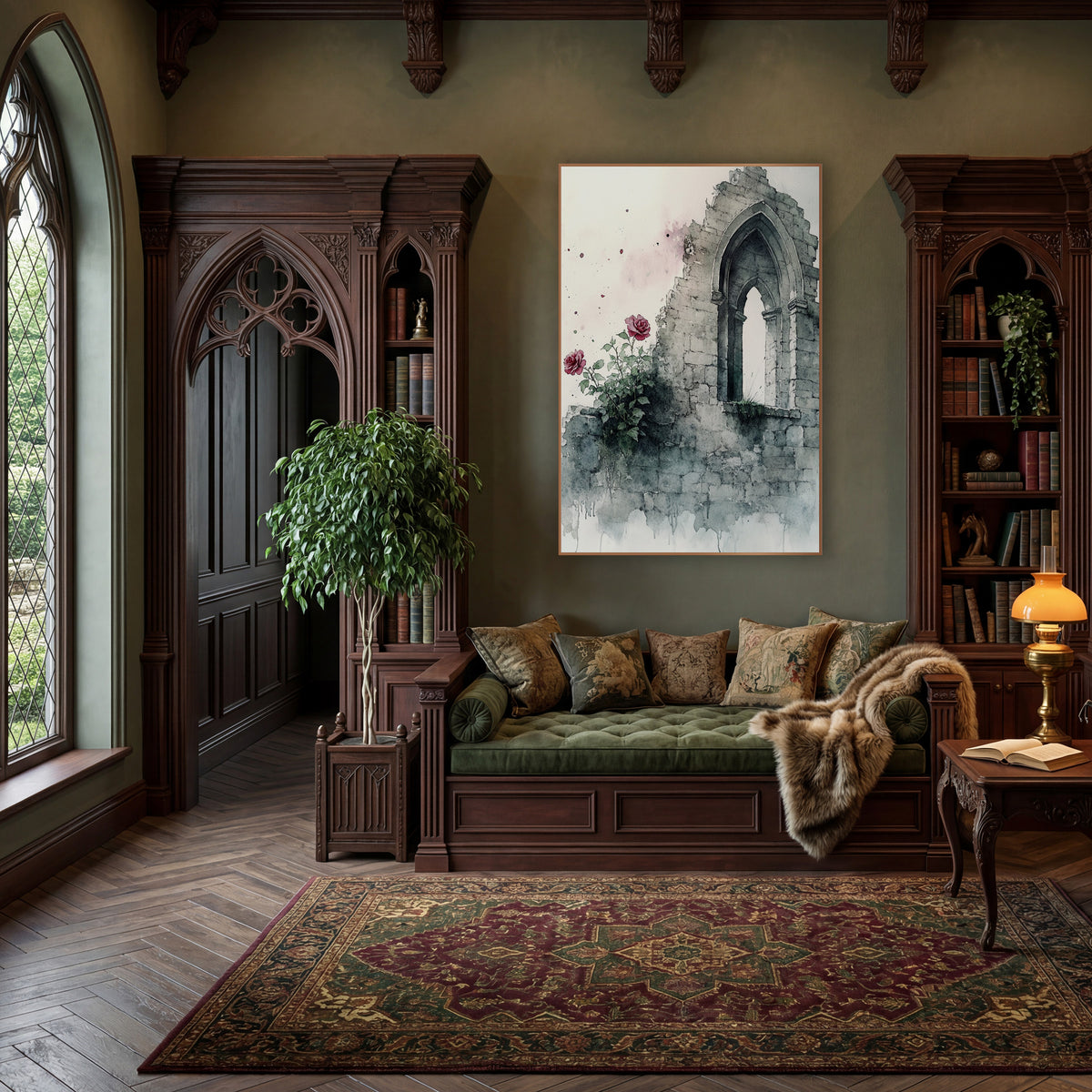 Crumbling Stone Arch Rose Gothic wall art in a moody dark academia room – watercolor-style crumbling gray stone wall