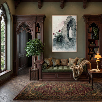 Crumbling Stone Arch Rose Gothic wall art in a moody dark academia room – watercolor-style crumbling gray stone wall