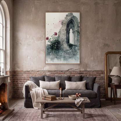 Crumbling Stone Arch Rose Gothic wall art in a moody dark academia room – watercolor-style crumbling gray stone wall