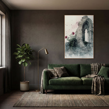 Crumbling Stone Arch Rose Gothic wall art in a moody dark academia room – watercolor-style crumbling gray stone wall